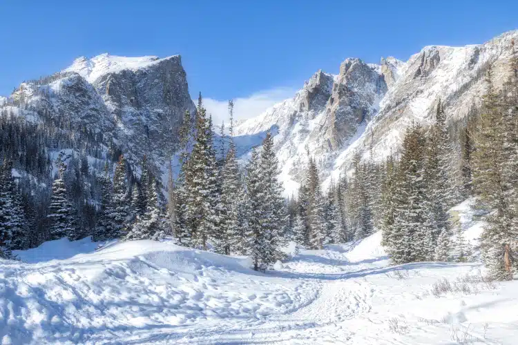 Cold winter day along the Dream Lake Trail in Rocky Mountain National Park located in Estes Park Colorado