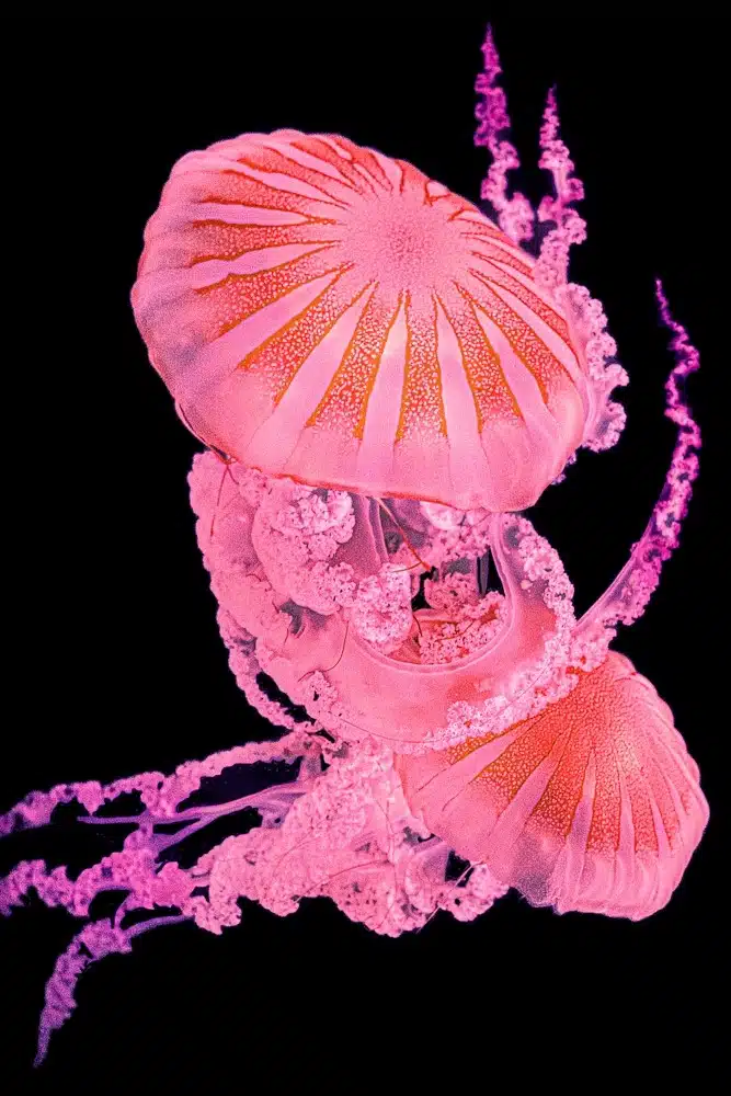 Blackwater image of a bright pink jellyfish
